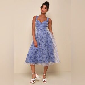Lulus Delightful Impulse Blue Floral Organza Bustier Midi Dress size XS